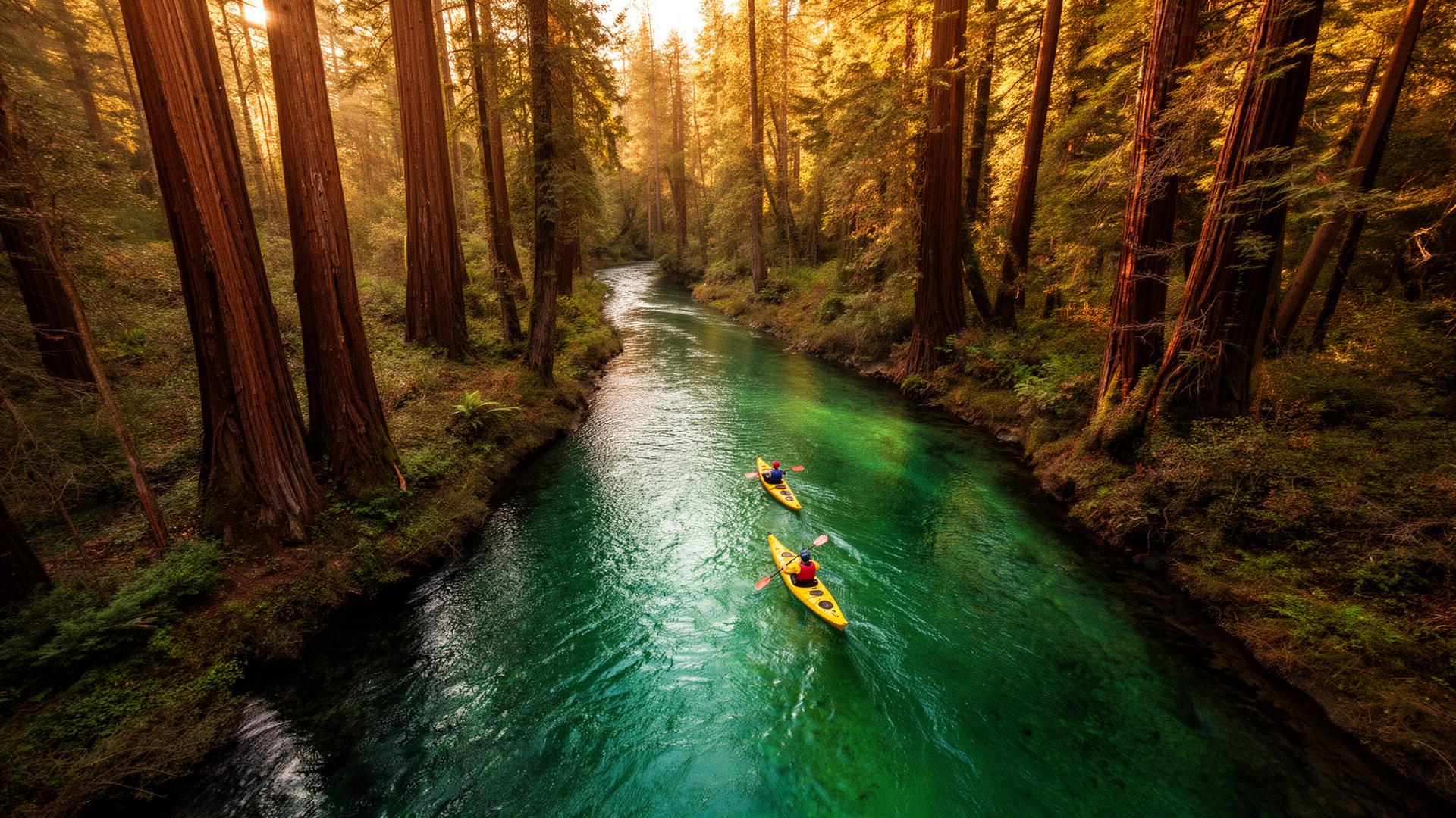 Two kayakers paddling crystal clear Smith River through redwoods